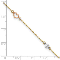 14k Tri-color Polished 9in Plus 1in ext. Hearts and Circles Anklet-ANK355-9