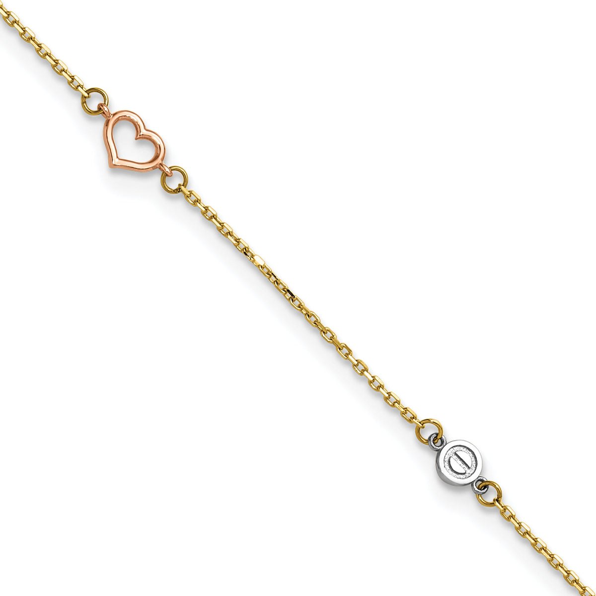 14k Tri-color Polished 9in Plus 1in ext. Hearts and Circles Anklet-ANK355-9