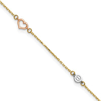 14k Tri-color Polished 9in Plus 1in ext. Hearts and Circles Anklet-ANK355-9