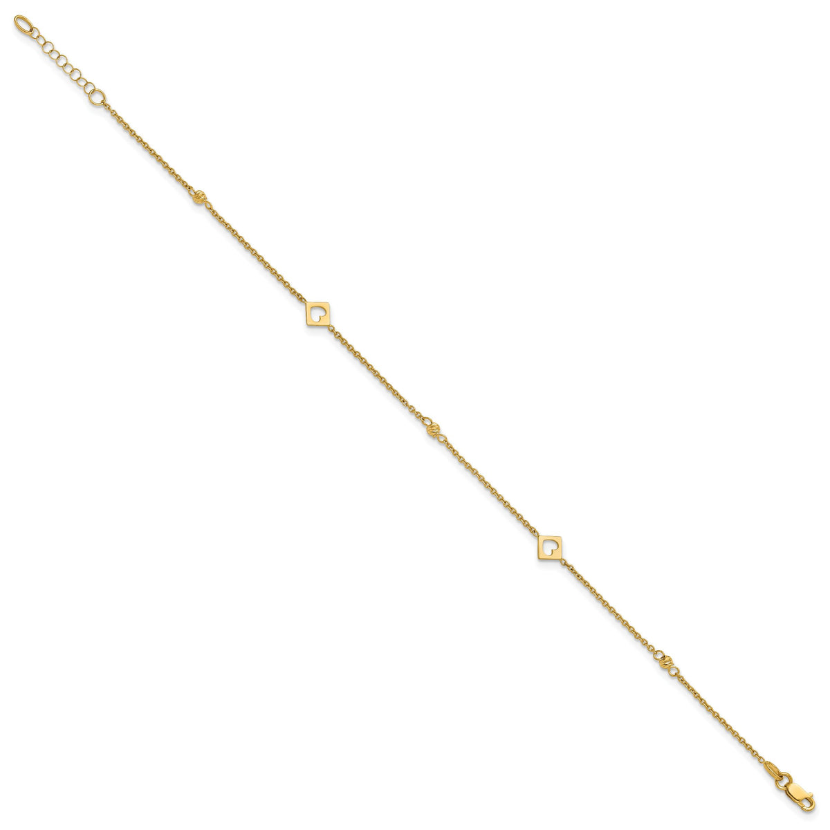 14k Link Hearts and D/C Beads 9in Plus 1in ext Anklet-ANK356-9