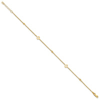 14k Link Hearts and D/C Beads 9in Plus 1in ext Anklet-ANK356-9