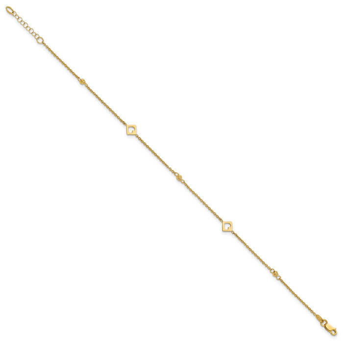 14k Link Hearts and D/C Beads 9in Plus 1in ext Anklet-ANK356-9