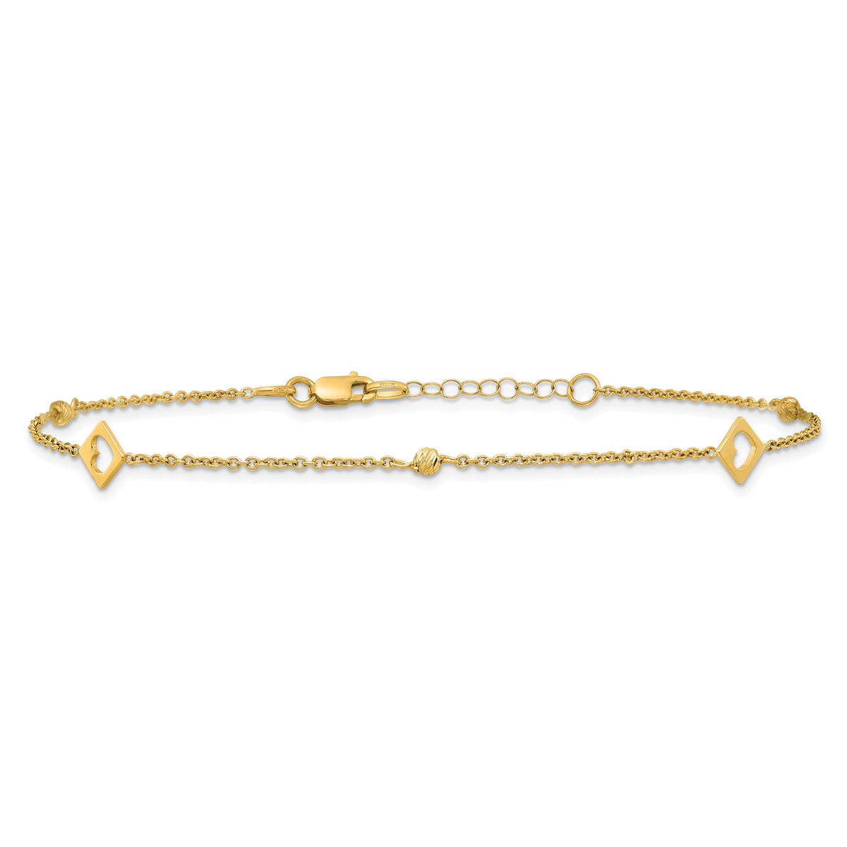14k Link Hearts and D/C Beads 9in Plus 1in ext Anklet-ANK356-9