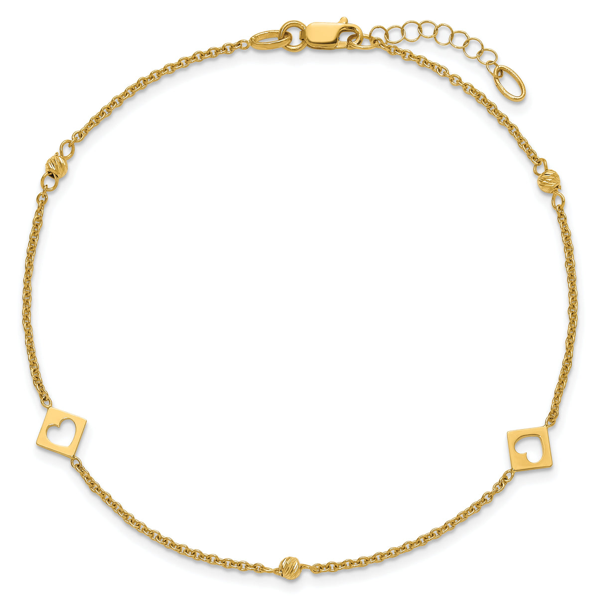 14k Link Hearts and D/C Beads 9in Plus 1in ext Anklet-ANK356-9