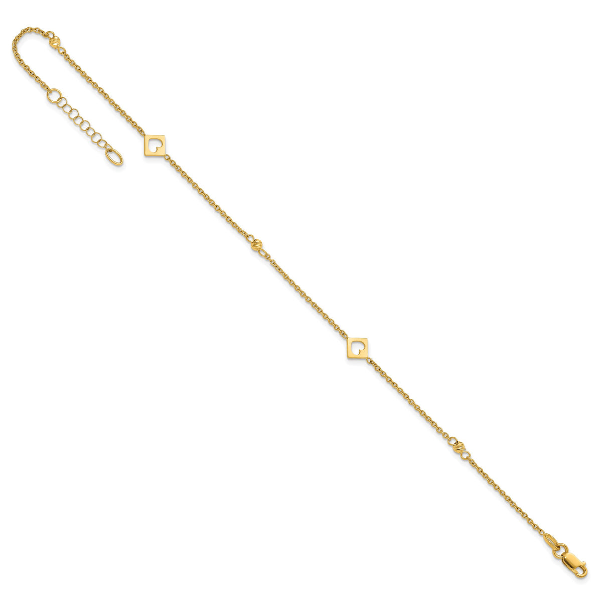 14k Link Hearts and D/C Beads 9in Plus 1in ext Anklet-ANK356-9