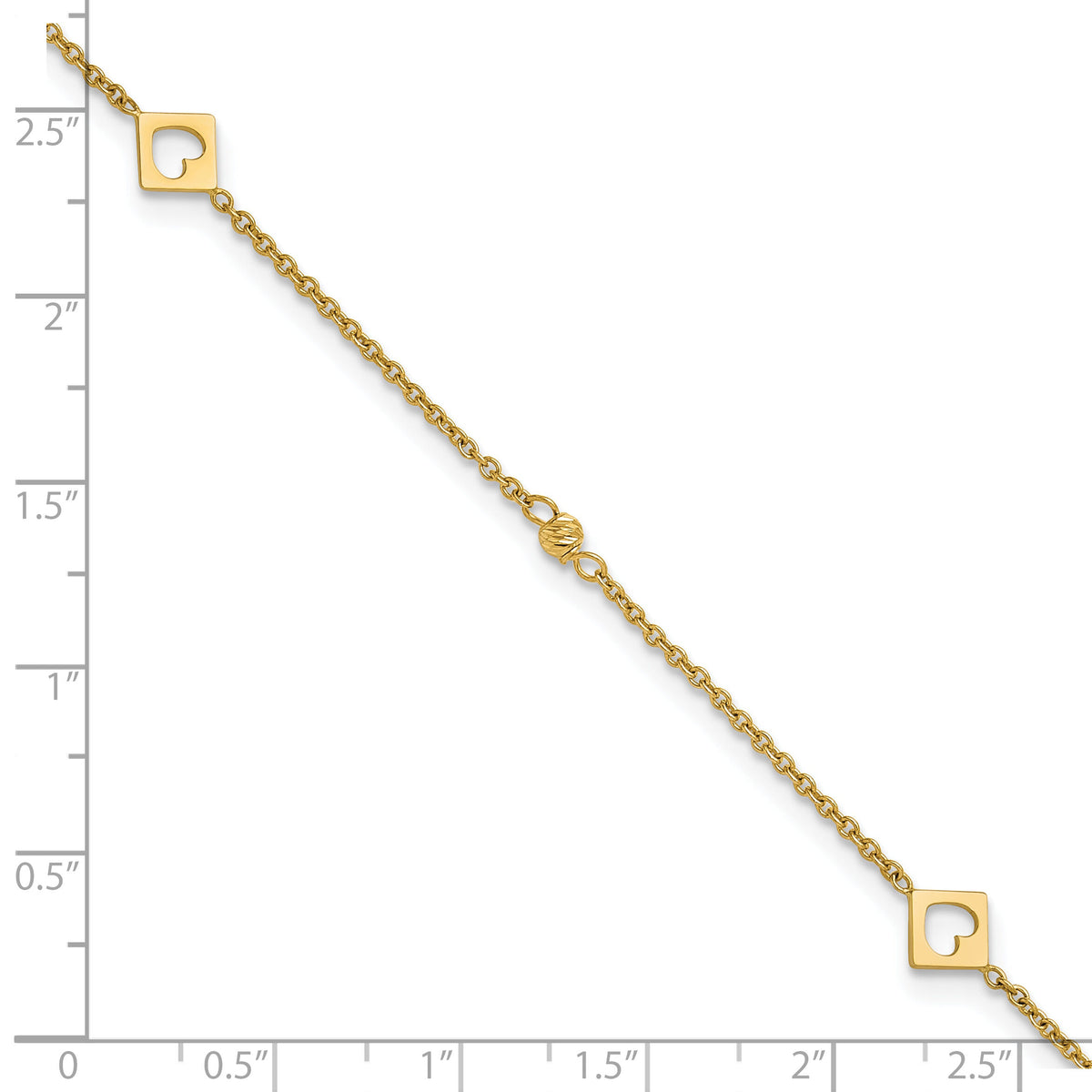 14k Link Hearts and D/C Beads 9in Plus 1in ext Anklet-ANK356-9
