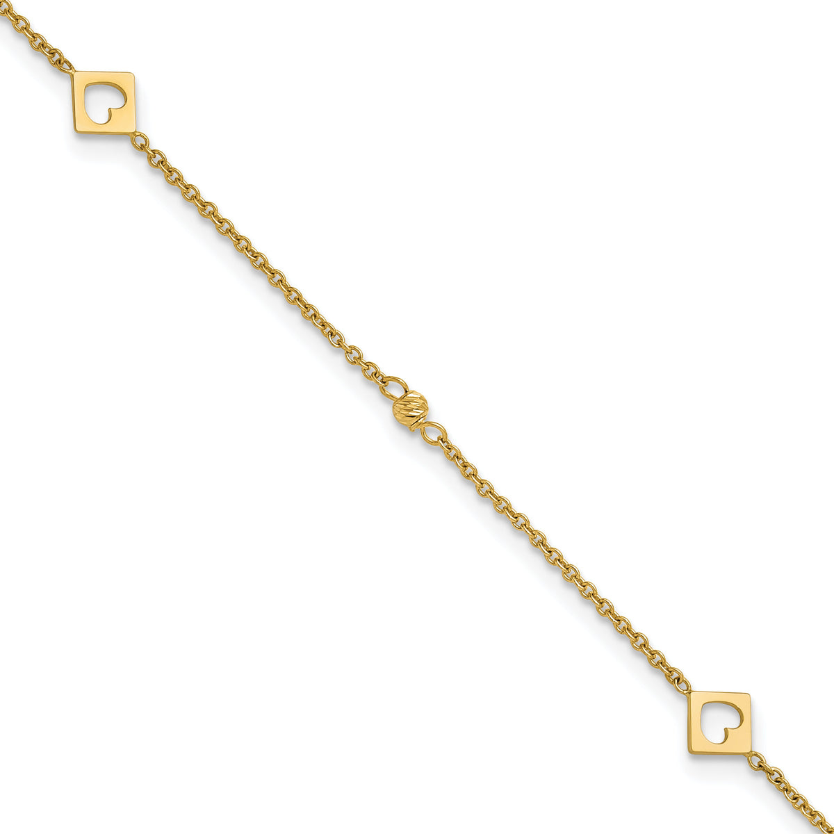 14k Link Hearts and D/C Beads 9in Plus 1in ext Anklet-ANK356-9