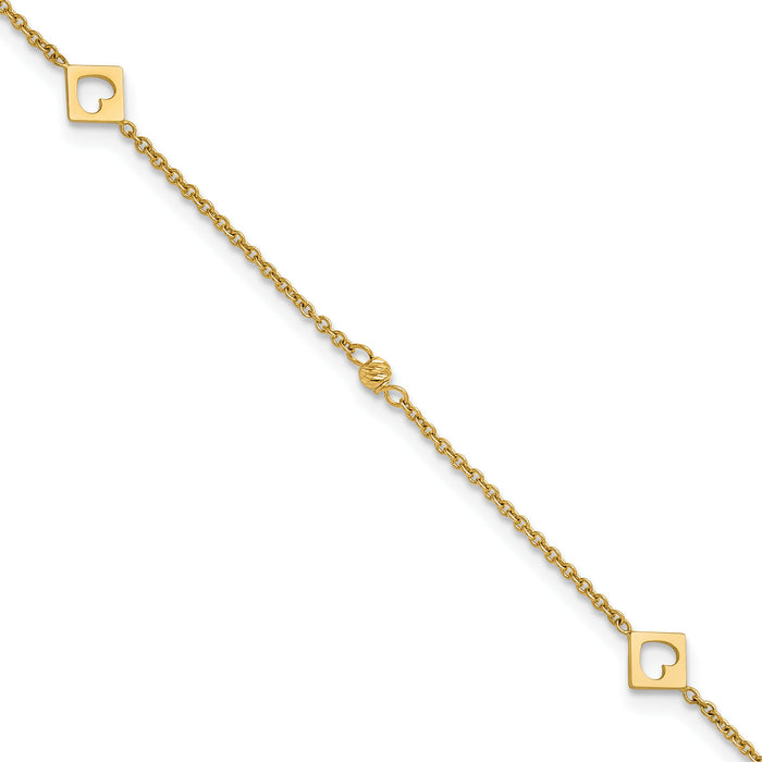 14k Link Hearts and D/C Beads 9in Plus 1in ext Anklet-ANK356-9