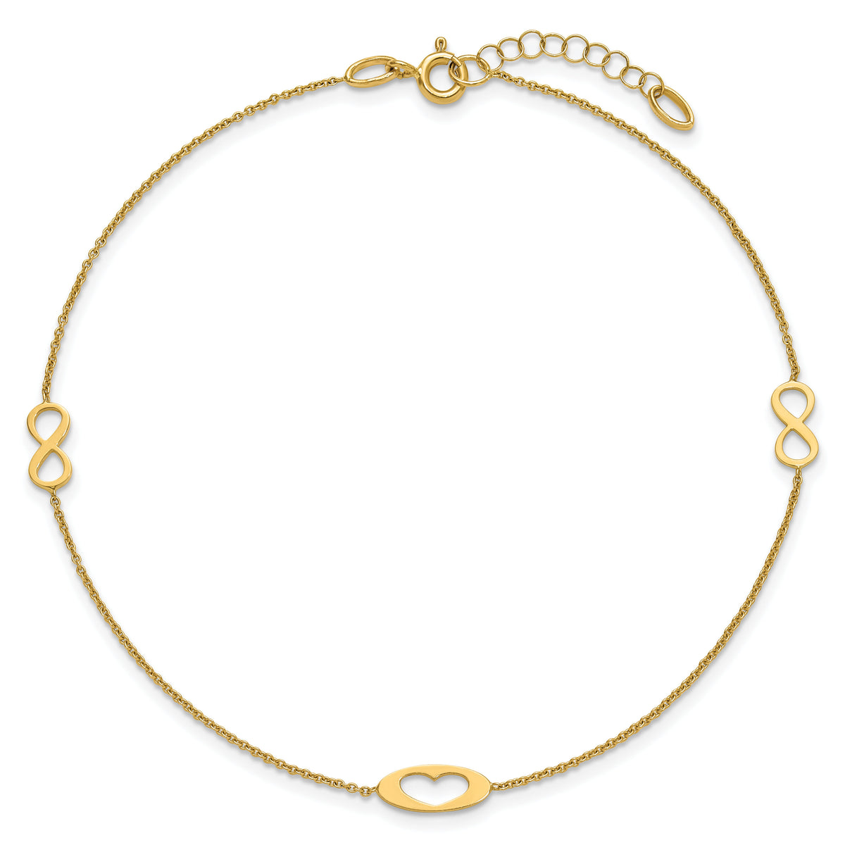 14k Polished Infinity and Heart 9in Plus 1in ext Anklet-ANK357-9