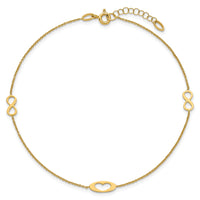 14k Polished Infinity and Heart 9in Plus 1in ext Anklet-ANK357-9