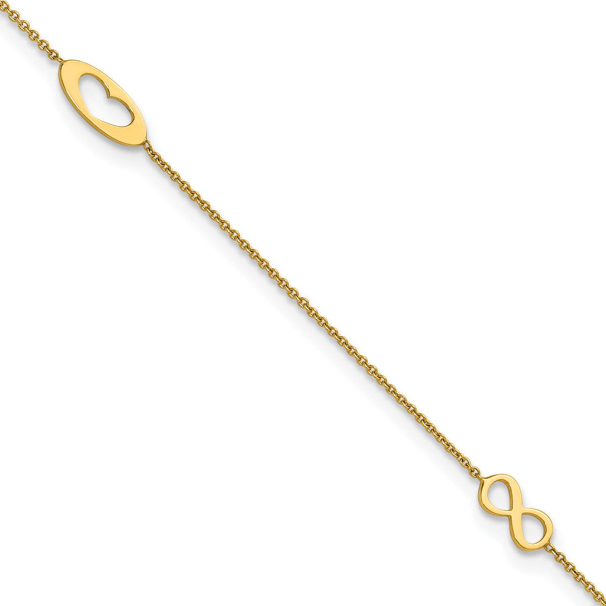 14k Polished Infinity and Heart 9in Plus 1in ext Anklet-ANK357-9