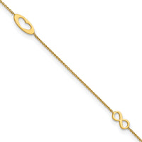 14k Polished Infinity and Heart 9in Plus 1in ext Anklet-ANK357-9