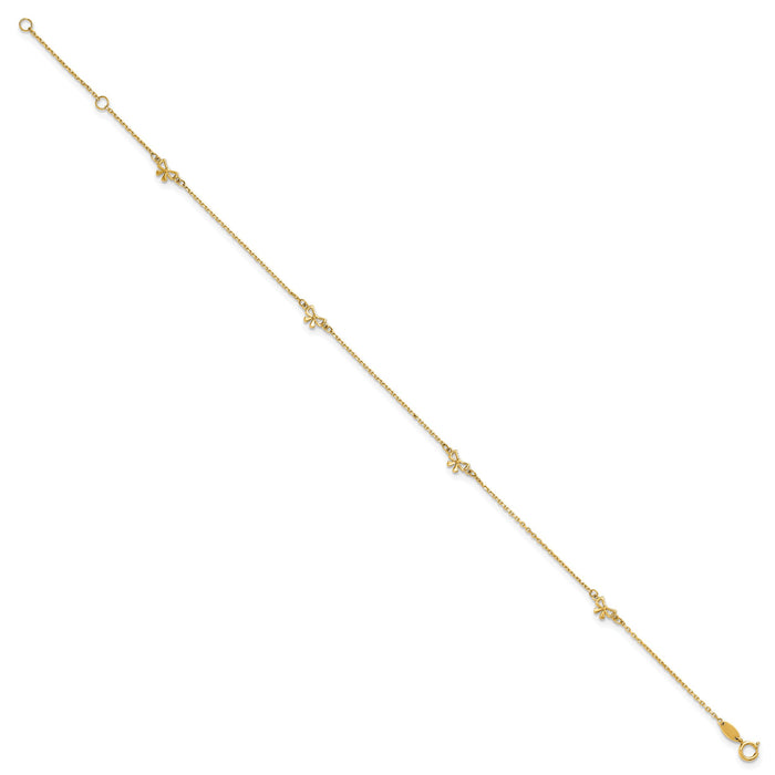 14k Polished Bows 9in Plus 1in ext. Anklet-ANK358-9