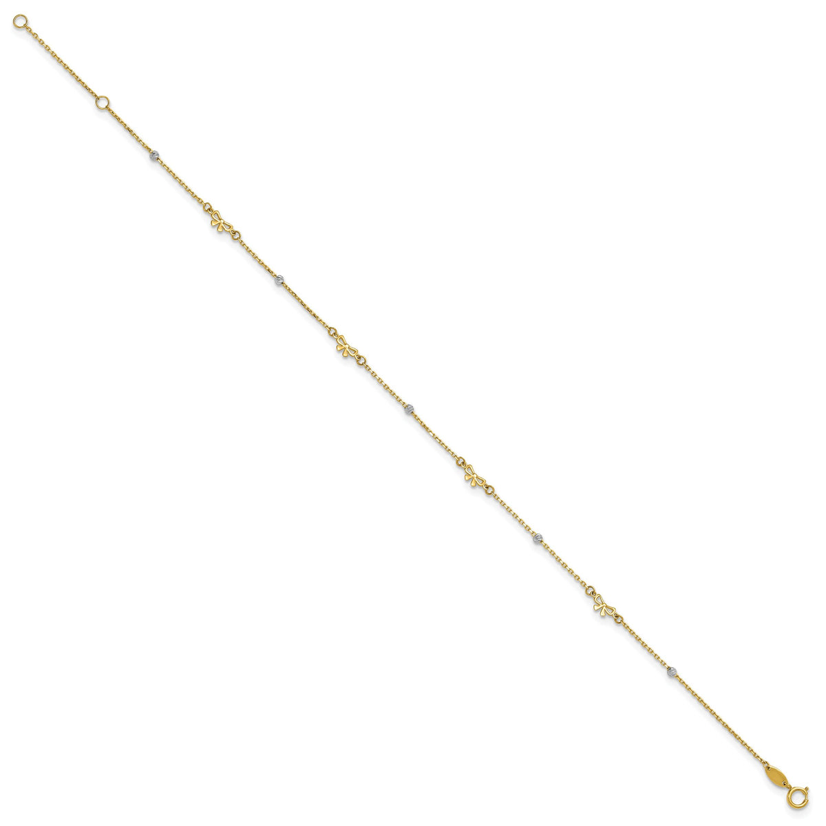 14k Two-tone Polished 9in Plus 1in ext. D/C Bead and Bows Anklet-ANK359-9