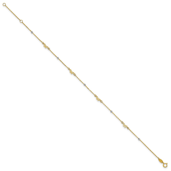 14k Two-tone Polished 9in Plus 1in ext. D/C Bead and Bows Anklet-ANK359-9