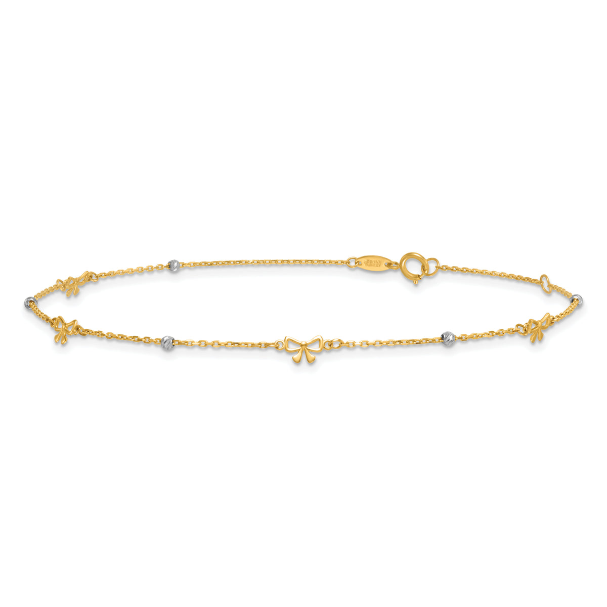 14k Two-tone Polished 9in Plus 1in ext. D/C Bead and Bows Anklet-ANK359-9