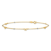 14k Two-tone Polished 9in Plus 1in ext. D/C Bead and Bows Anklet-ANK359-9