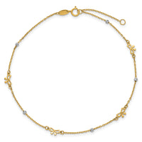 14k Two-tone Polished 9in Plus 1in ext. D/C Bead and Bows Anklet-ANK359-9