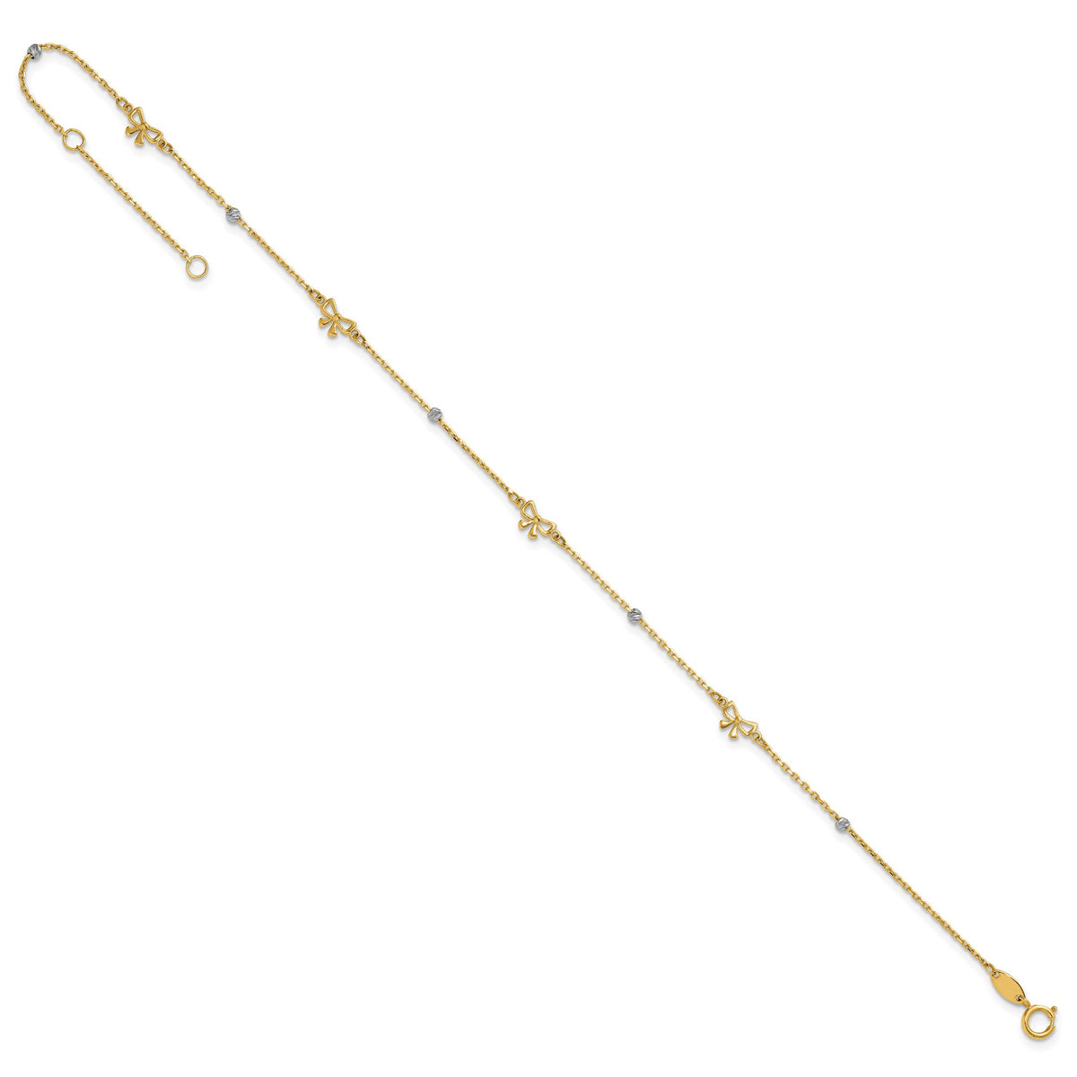 14k Two-tone Polished 9in Plus 1in ext. D/C Bead and Bows Anklet-ANK359-9