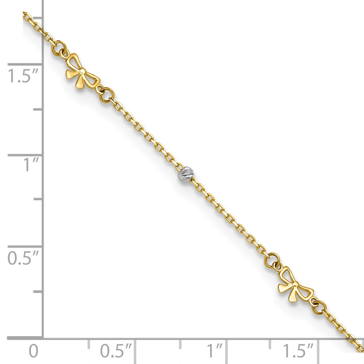 14k Two-tone Polished 9in Plus 1in ext. D/C Bead and Bows Anklet-ANK359-9