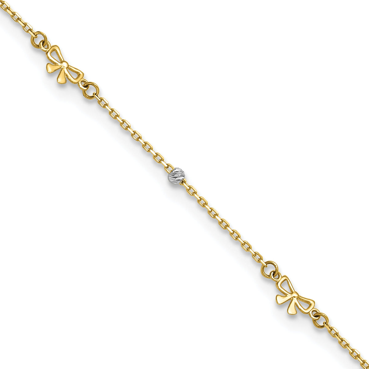 14k Two-tone Polished 9in Plus 1in ext. D/C Bead and Bows Anklet-ANK359-9