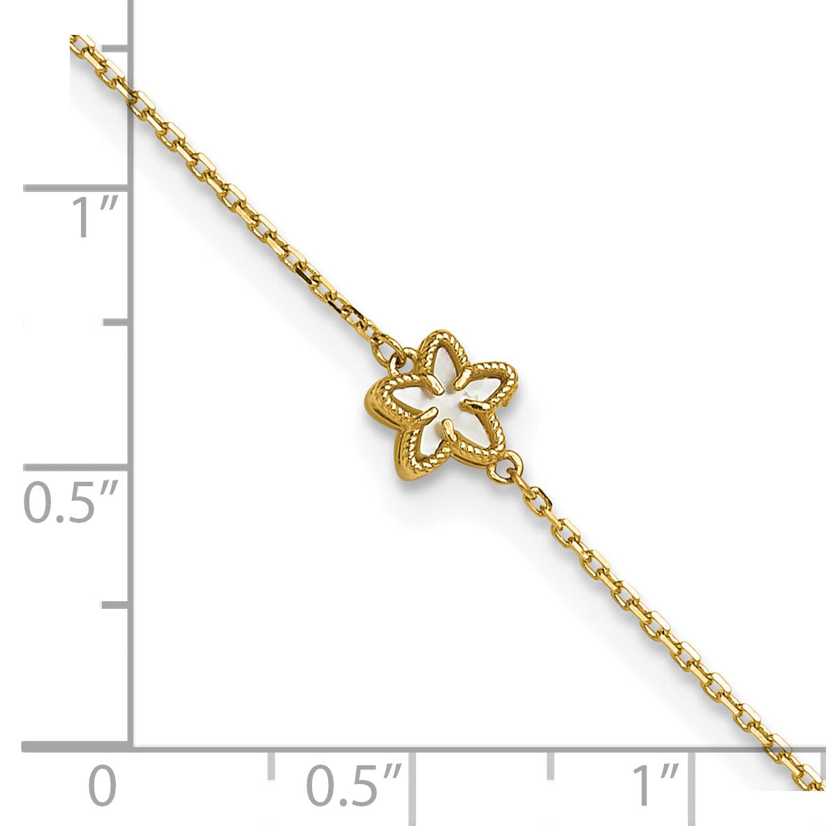 14K Polished Mother of Pearl Flower 9in Plus 1in ext. Anklet-ANK360-9