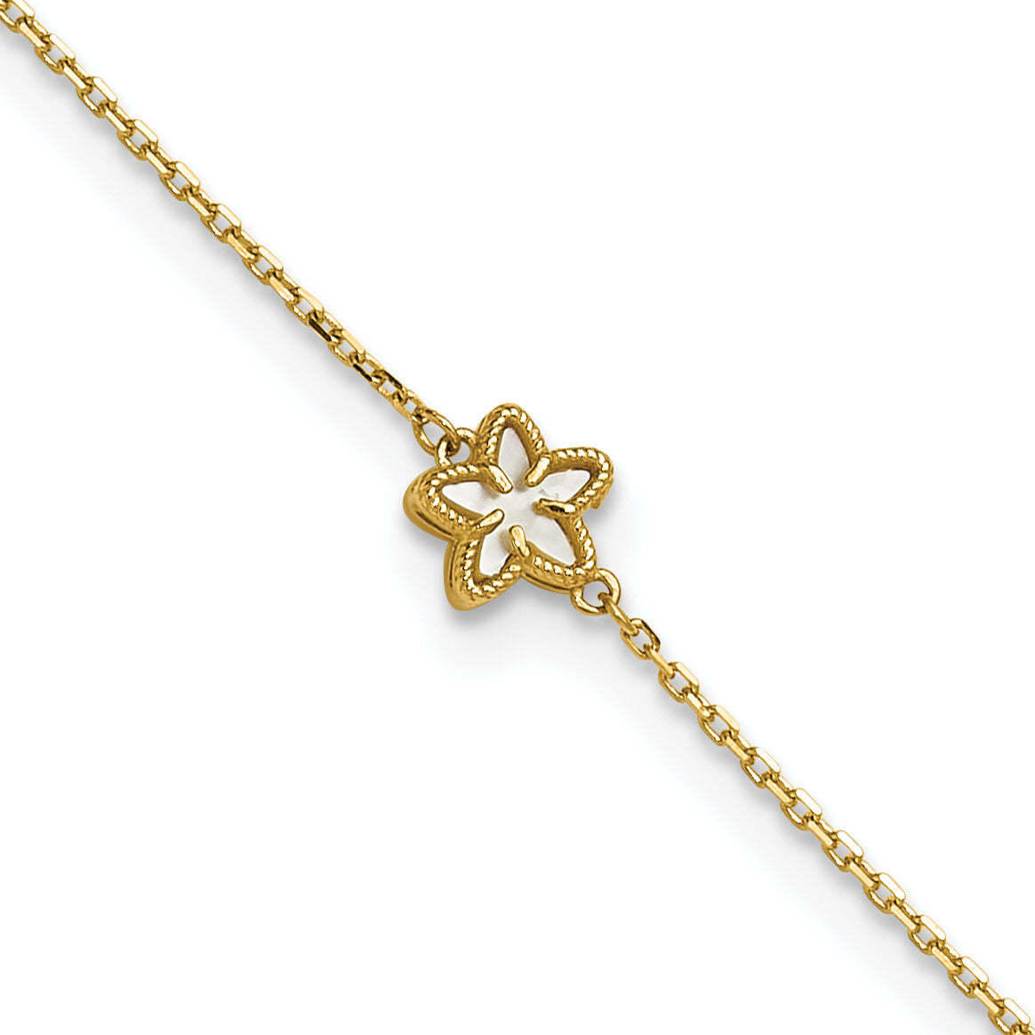 14K Polished Mother of Pearl Flower 9in Plus 1in ext. Anklet-ANK360-9