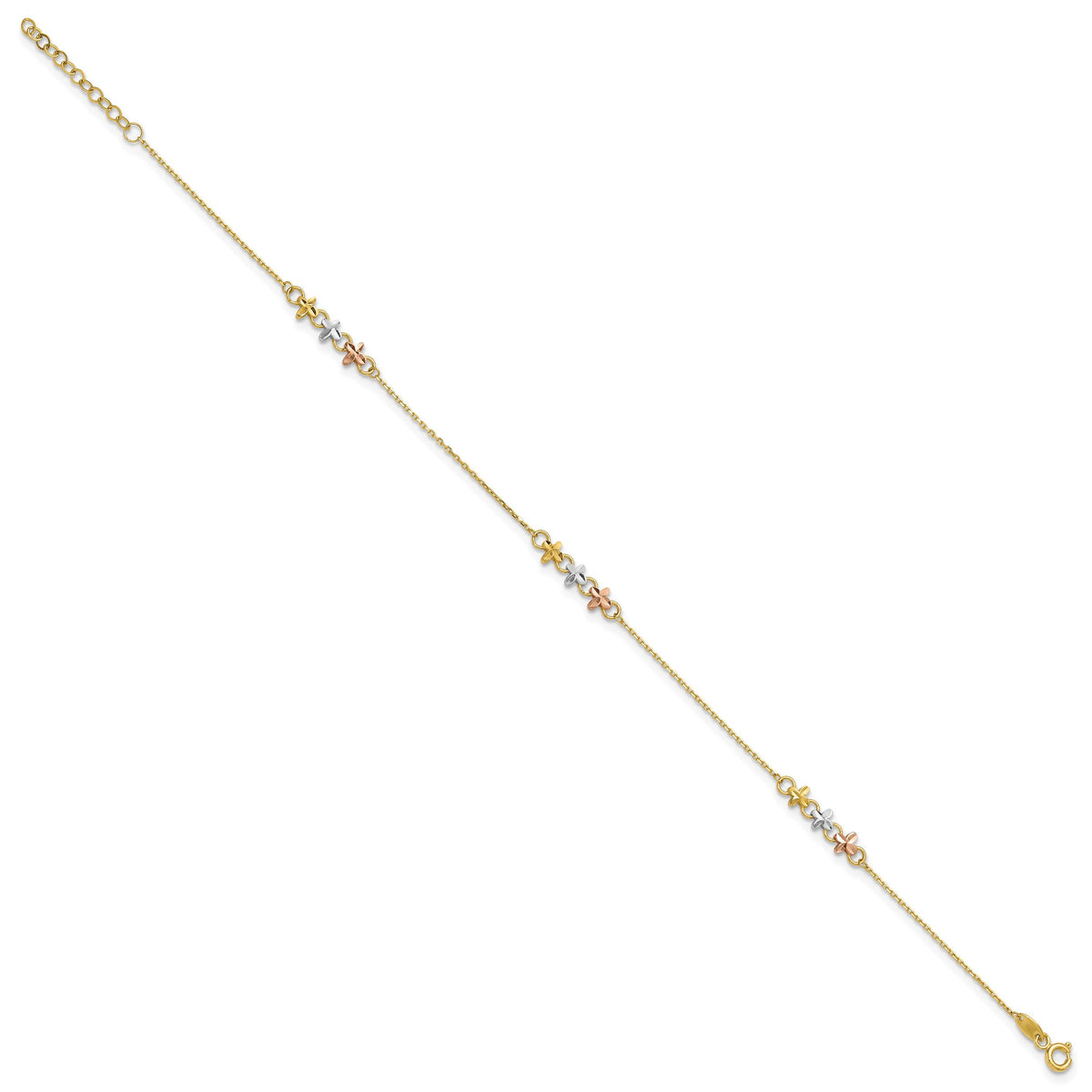 14K Two-tone w/White Rhod Flowers 9in Plus 1in ext Anklet-ANK361-9