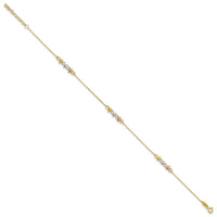 14K Two-tone w/White Rhod Flowers 9in Plus 1in ext Anklet-ANK361-9