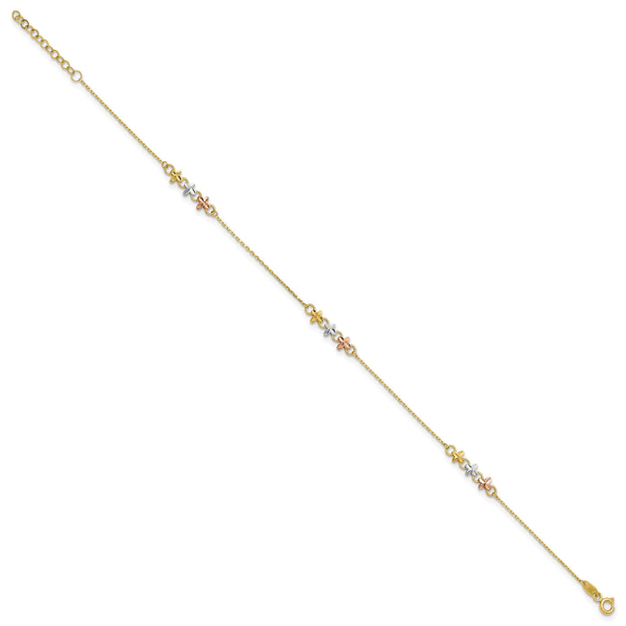 14K Two-tone w/White Rhod Flowers 9in Plus 1in ext Anklet-ANK361-9