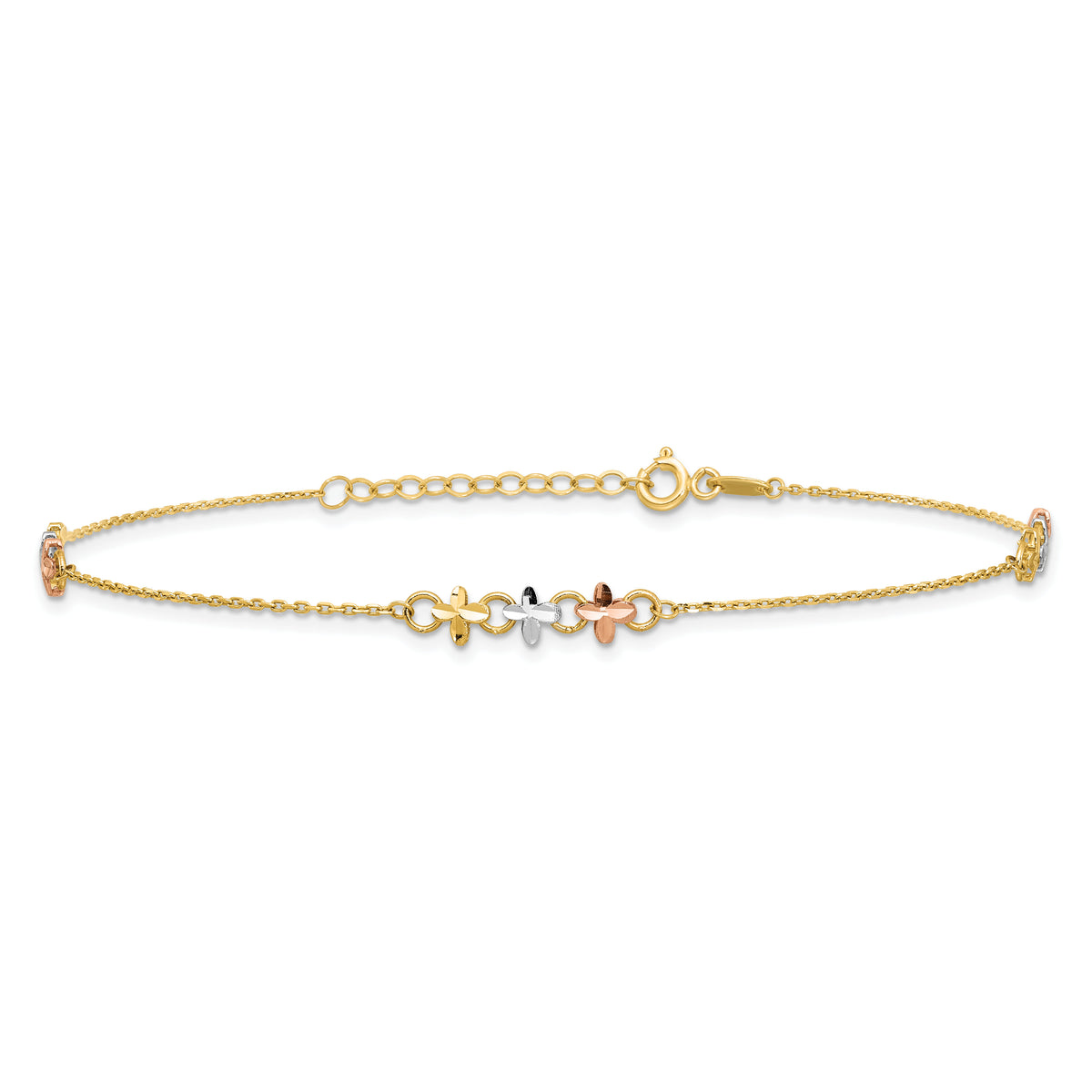 14K Two-tone w/White Rhod Flowers 9in Plus 1in ext Anklet-ANK361-9