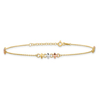 14K Two-tone w/White Rhod Flowers 9in Plus 1in ext Anklet-ANK361-9