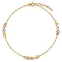 14K Two-tone w/White Rhod Flowers 9in Plus 1in ext Anklet-ANK361-9