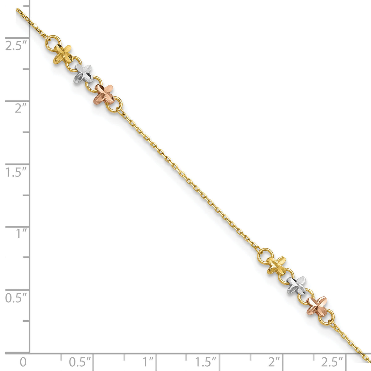 14K Two-tone w/White Rhod Flowers 9in Plus 1in ext Anklet-ANK361-9