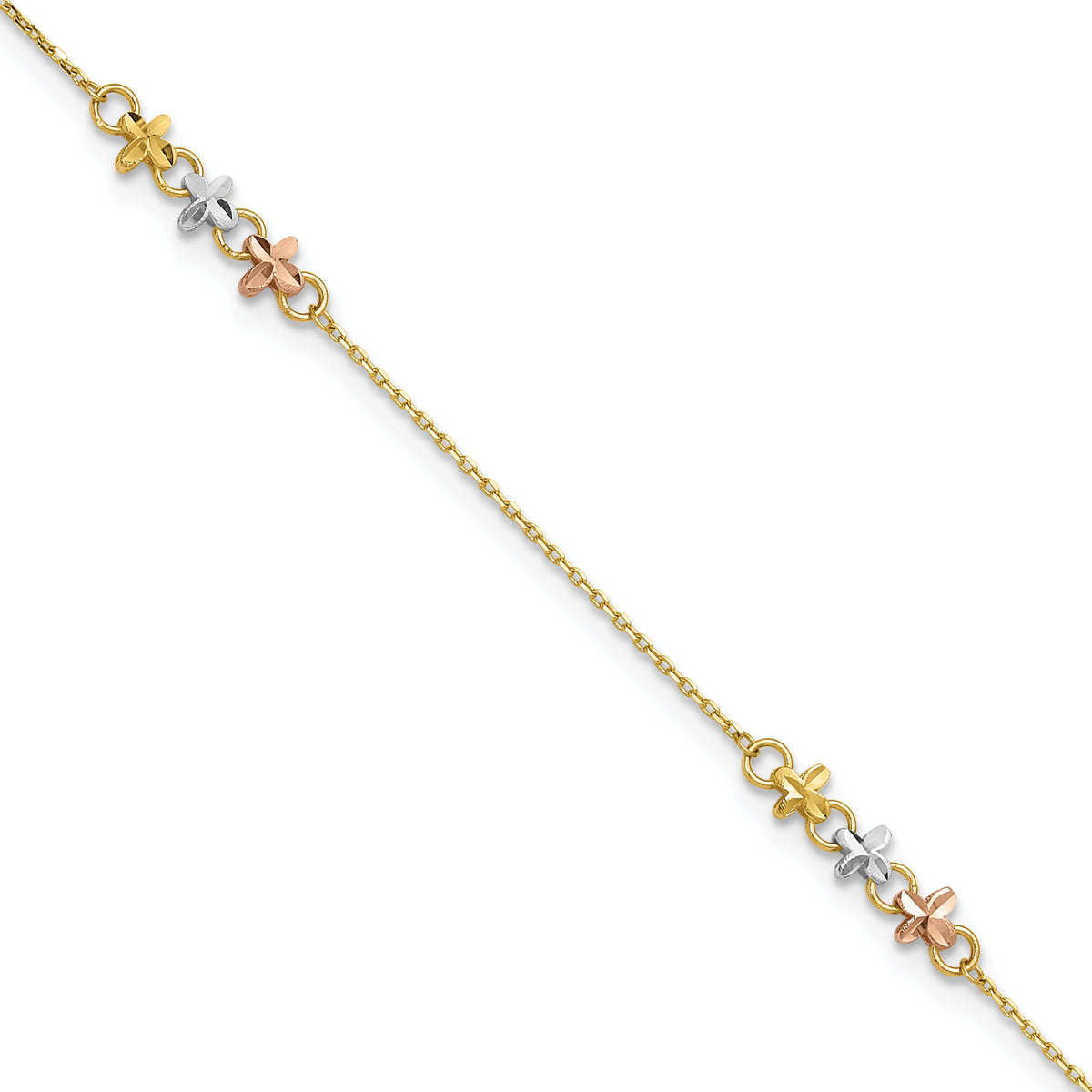 14K Two-tone w/White Rhod Flowers 9in Plus 1in ext Anklet-ANK361-9