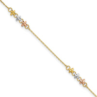 14K Two-tone w/White Rhod Flowers 9in Plus 1in ext Anklet-ANK361-9