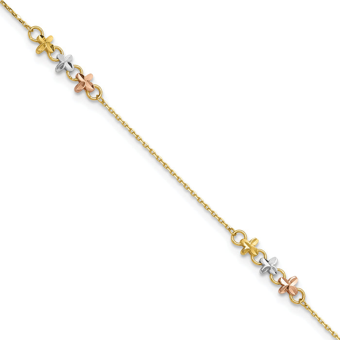 14K Two-tone w/White Rhod Flowers 9in Plus 1in ext Anklet-ANK361-9