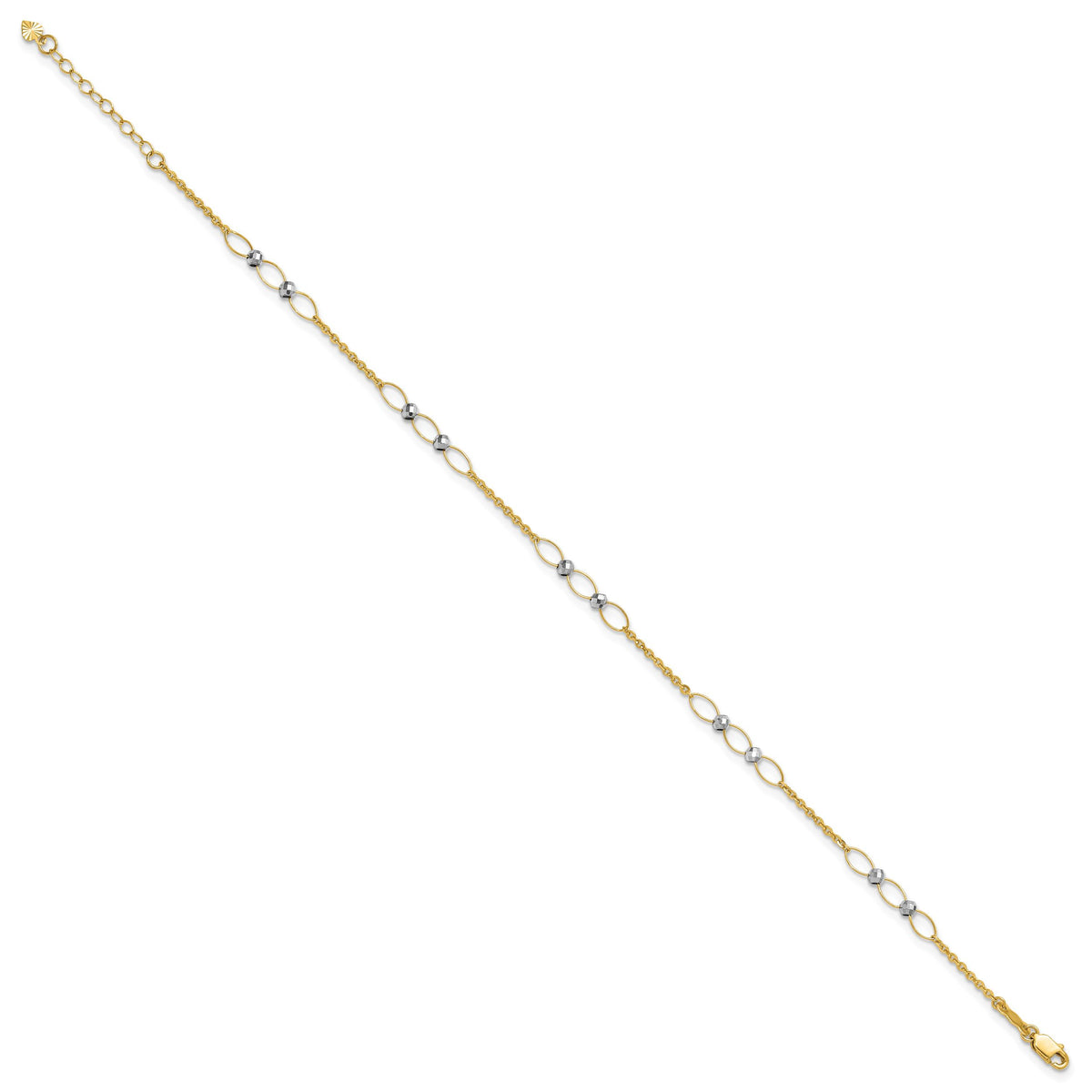 14k Two-tone Polished Oval Link Beads 9in Plus 1in ext. Anklet-ANK362-9
