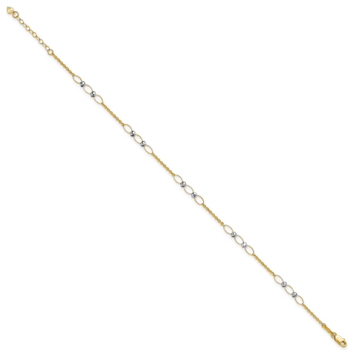 14k Two-tone Polished Oval Link Beads 9in Plus 1in ext. Anklet-ANK362-9