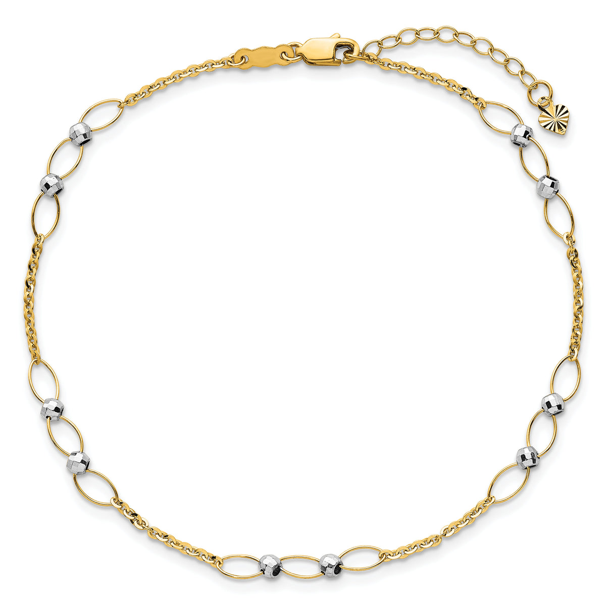 14k Two-tone Polished Oval Link Beads 9in Plus 1in ext. Anklet-ANK362-9