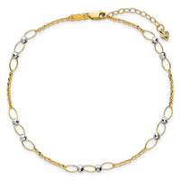 14k Two-tone Polished Oval Link Beads 9in Plus 1in ext. Anklet-ANK362-9