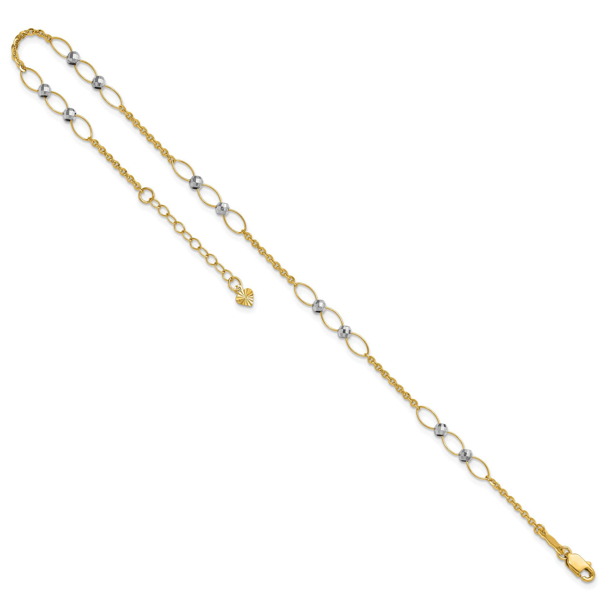 14k Two-tone Polished Oval Link Beads 9in Plus 1in ext. Anklet-ANK362-9