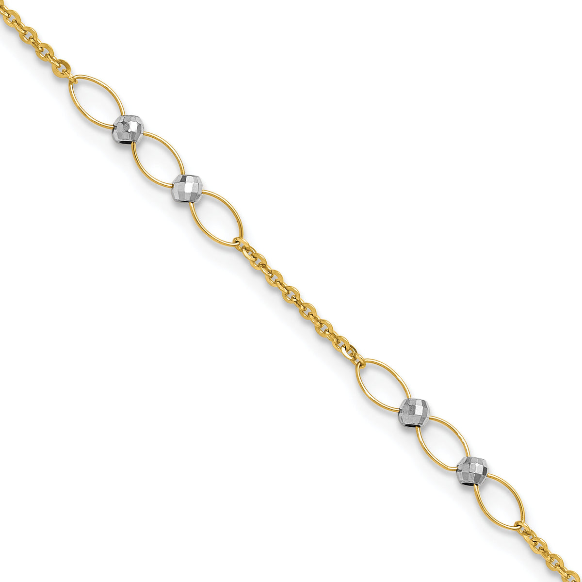 14k Two-tone Polished Oval Link Beads 9in Plus 1in ext. Anklet-ANK362-9