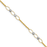 14k Two-tone Polished Oval Link Beads 9in Plus 1in ext. Anklet-ANK362-9