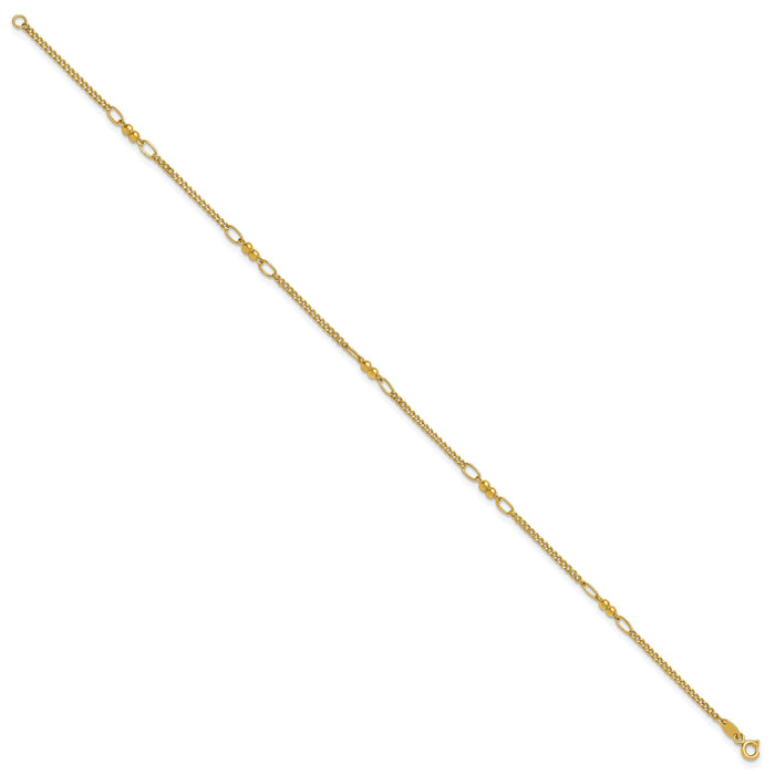 14K Polished Beaded Mixed Link 10in Anklet-ANK366-10
