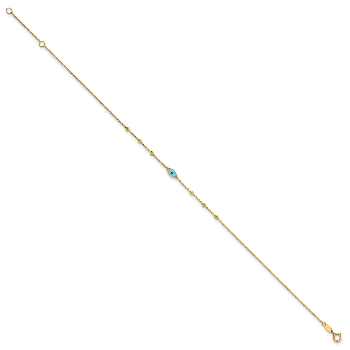 14k Diamond-cut Stations Blue Glass Evil Eye 9in Plus 1in ext. Anklet-ANK369-9