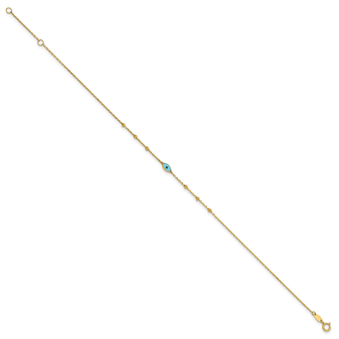 14k Diamond-cut Stations Blue Glass Evil Eye 9in Plus 1in ext. Anklet-ANK369-9