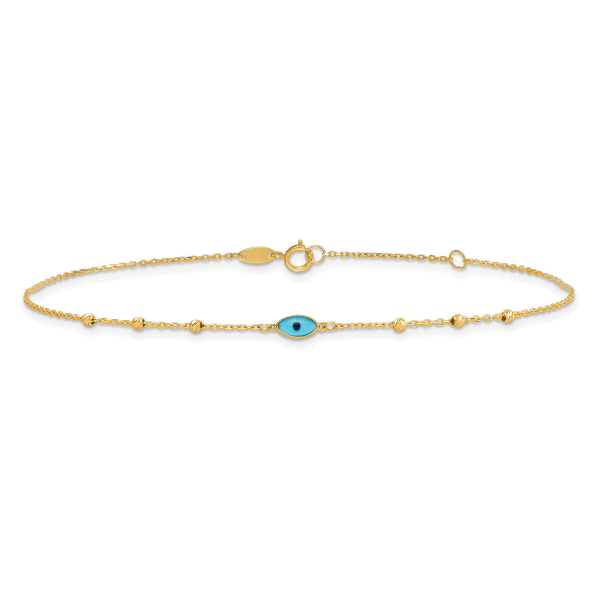 14k Diamond-cut Stations Blue Glass Evil Eye 9in Plus 1in ext. Anklet-ANK369-9