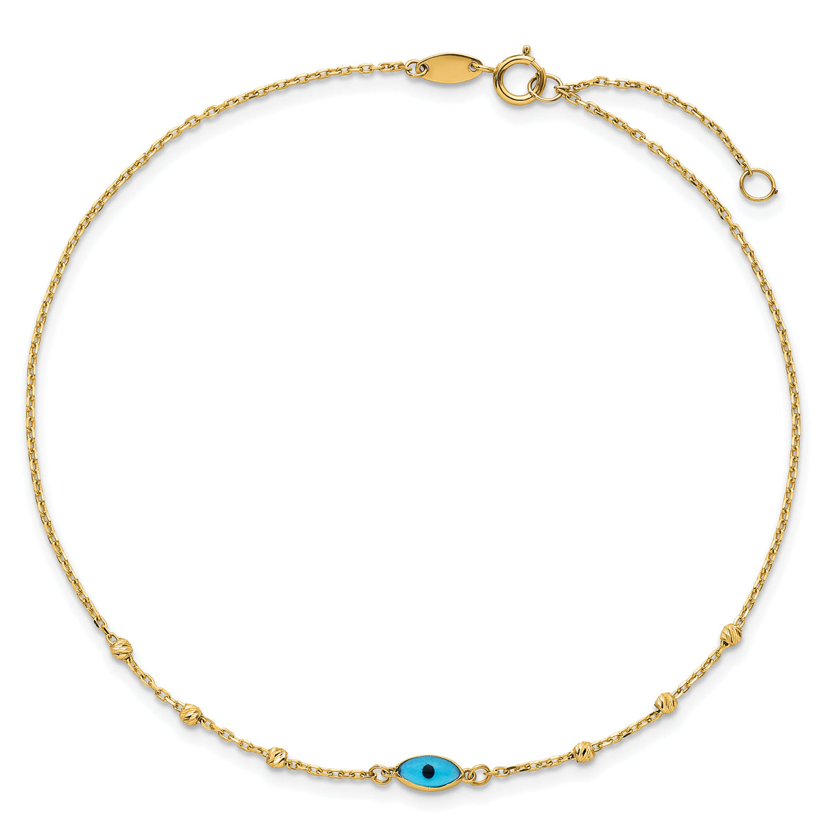 14k Diamond-cut Stations Blue Glass Evil Eye 9in Plus 1in ext. Anklet-ANK369-9