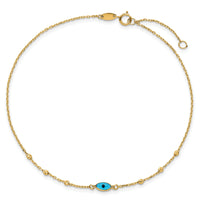 14k Diamond-cut Stations Blue Glass Evil Eye 9in Plus 1in ext. Anklet-ANK369-9